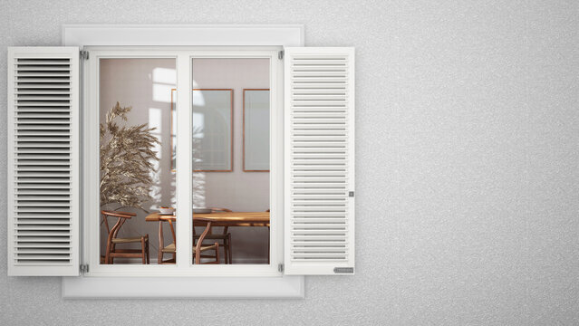 Exterior plaster wall with white window with shutters, showing interior farmhouse dining room, blank background with copy space, architecture design concept idea, mockup template