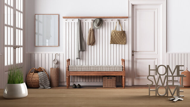 Wooden table, desk or shelf with potted grass plant, house keys and 3D letters home sweet home, over farmhouse hall, architecture interior design, copy space background