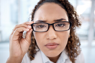 Optometry, glasses and portrait of black woman with vision problems, improve eyesight and myopia...