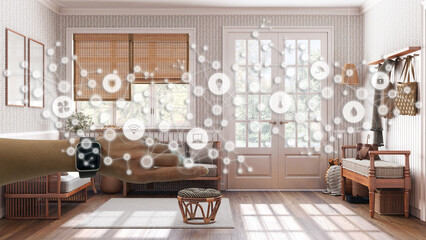 Woman wearing a smart watch, arm, wrist, geometric background with connected line and dots showing internet of things system, home automation concept over scandinavian living room