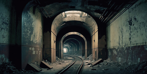 Abandoned destroyed subway station. Generative AI.