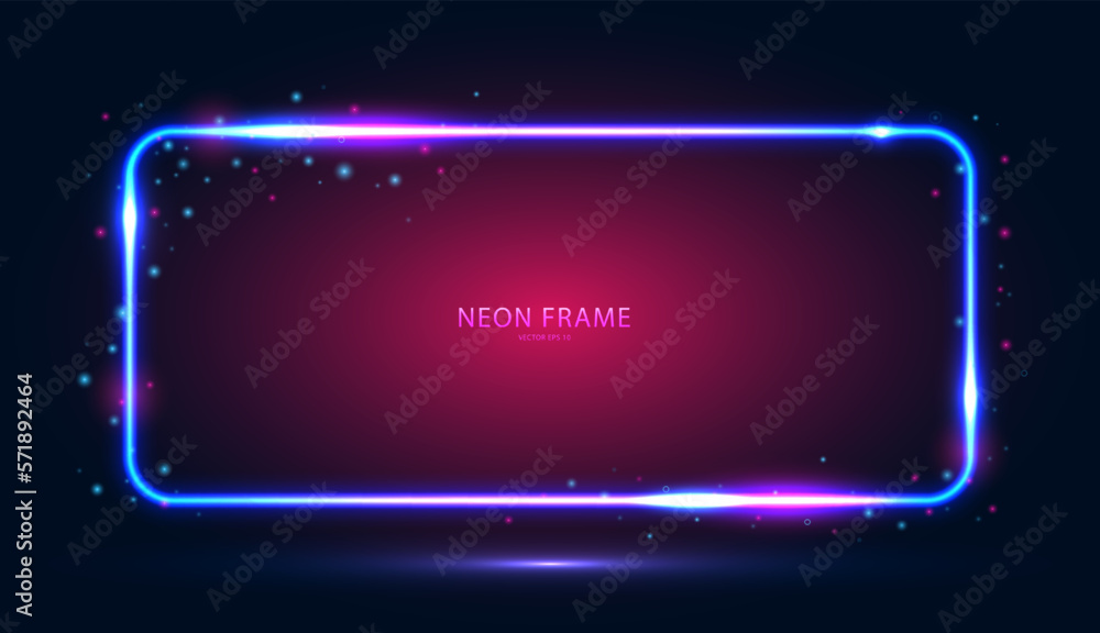 Poster neon rectangular frame with lights and highlights on a dark background. abstract futuristic geometri