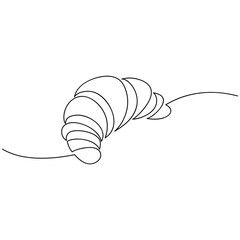French croissant one line continuous drawing. Vector illustration. Hand drawn linear silhouette icon. Minimal design element for print, banner, card, product logo, brochure, menu, bakery shop.