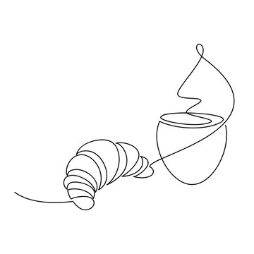 recommend clip art: Abstract vector coffee cup, french croissant one line continuous drawing. Hand drawn linear silhouette icon. Minimal design, print, banner, card, product logo, brochure, menu, bakery shop.