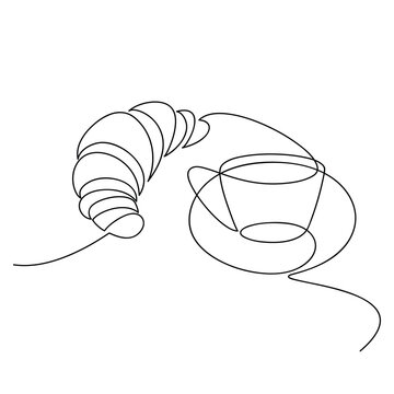 recommend clip art: Coffee cup, french croissant one line continuous drawing. Vector illustration. Hand drawn linear silhouette icon. Minimal design, print, banner, card, product logo, brochure, menu, bakery shop.