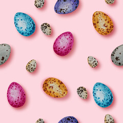 Watercolor multicolored easter eggs different size with dots on the pastel background. Colorful eggs seamless pattern. Greeting card banner.