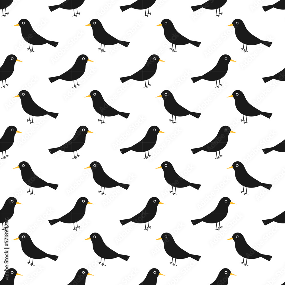 Canvas Prints common blackbird birds seamless pattern on white background.