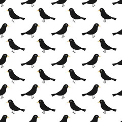 Common blackbird birds seamless pattern on white background.