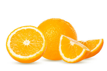 Set of oranges. Whole and pieces. Isolated on white background.