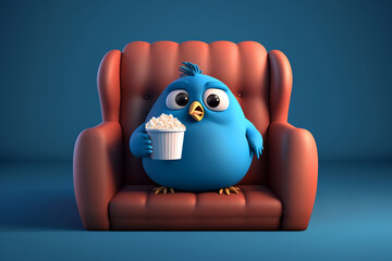 cute chubby blue twitter bird sitting on the red sofa holding a popcorn. made with generative AI