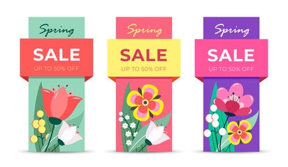 Set vertical banner of spring discounts in the store for business with beautiful flowers