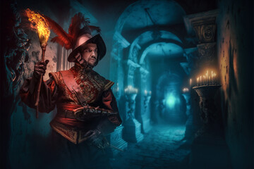 Fototapeta premium Portrait of conquistador dressed in plate armor discovering dangerous dungeon.