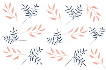 Hand drawn seamless pattern with blue and red leaves and branches for wedding stationary, greetings, wallpapers, fashion, backgrounds, textures, DIY, wrappers, cards.
