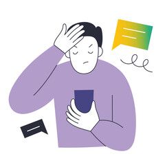 Young man reading news or social media post on his smartphone with angry face expression, guy emotionally reacting to social media post, person showing facepalm gesture, vector illustration