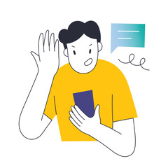 Angry man reading bad news, social media feed on his smartphone with annoyed face expression, emotionally reacting, reading comments, raising hand in frustration, comment balloons, vector illustration