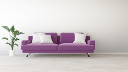 Interior wall mockup with pink sofa near the window on empty white wall background, 3D rendering