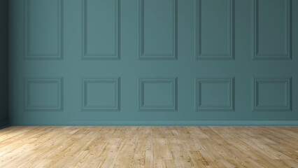Empty room with light wooden floor and classic blue wall. 3d rendering