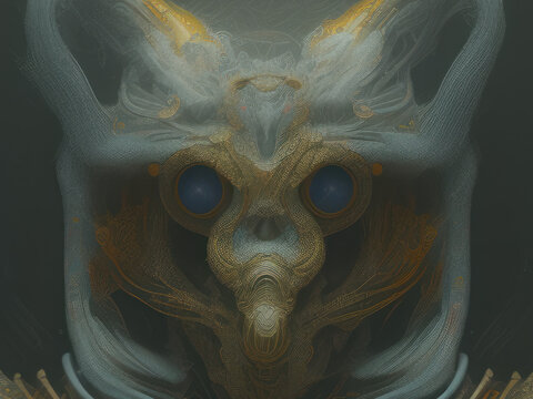 An horror futuristic furby, gold and white 3d art.