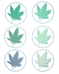 set of cannabis green blue grey yellow leaves in circle on white background for menu or recipes in restaurant canteen supermarket food court or decorating wallpaper and artworks