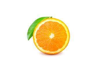 Orange with cut in half and green leaves isolated on white background.
