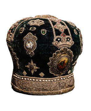Mitra. Old hat of the priest of the Orthodox Church. Antique headdress isolated on white background. Vintage religion mitra hat.
