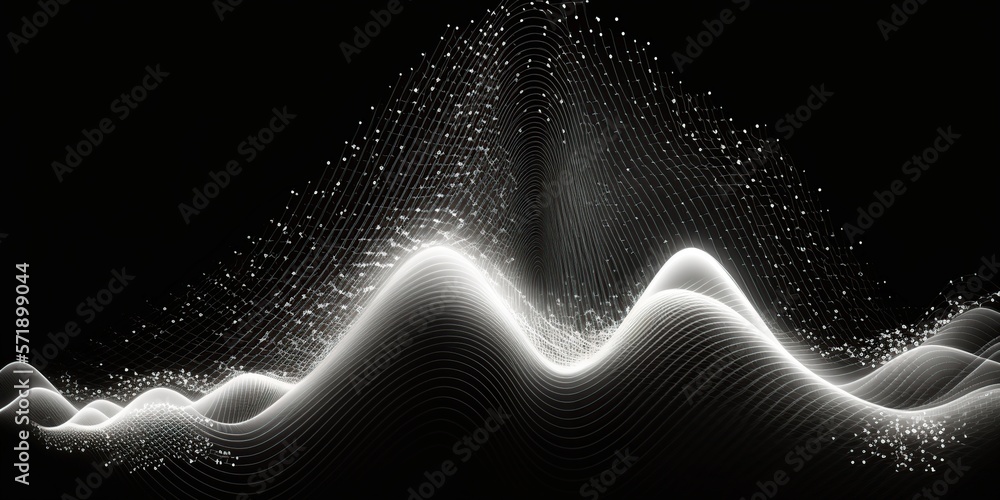 Poster white abstract wave with moving dots and lines background, generative ai