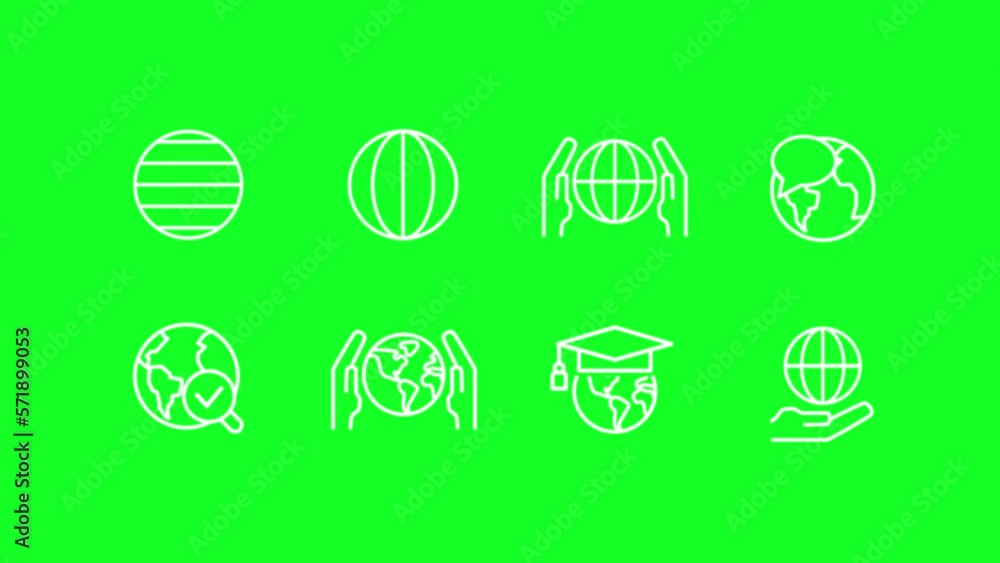 Poster animated planet white line icons. latitude and longitude. internet. loop hd video with chroma key, a