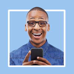Wow, portrait and man with news, social media or shocked on mockup, space or advertising on blue...