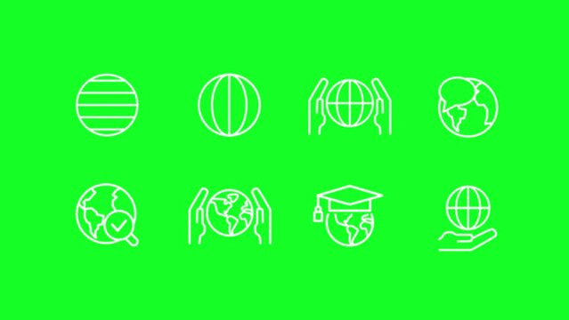 Animated planet white line icons. Latitude and longitude. Internet. Loop HD video with chroma key, alpha channel on transparent background, black solid background. Outline motion graphic animation