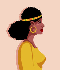 Black Woman in yellow dress and earrings with fancy hairstyle, portrait, vector art, showing black ethnicity, women's day poster, banner with black beautiful woman.