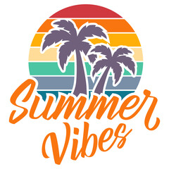 Fototapeta na wymiar Summer sunset vector t-shirt design with palm trees silhouette and phrase 
