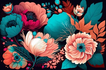 Burst of Color: Modern Flower Design with Pink, Orange, and Cyan Flowers. Generative AI