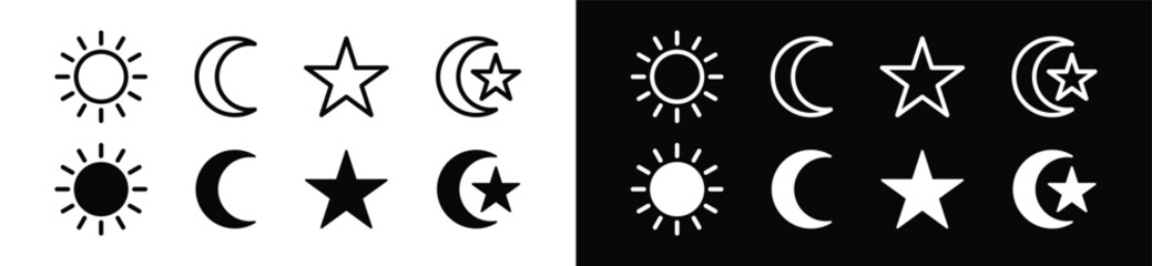 Sun, moon, stars, and moon stars icon vector set. Light source of the solar system symbol in line and flat style. Day and night icon for apps and websites, vector illustration