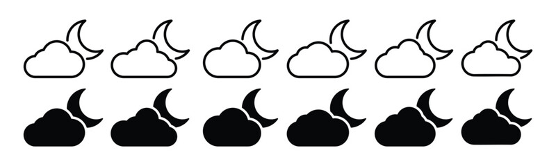 Moon and cloud icon. Night symbol. Evening weather icon in line and flat style. Moon behind the clouds symbol for apps and websites, vector illustration 