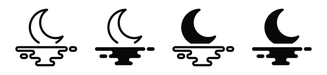 Moon and sea wave icon. Moon rises and sets over the sea in line and flat style. Night light over the sea symbol, vector illustration