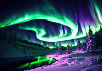 Fototapeta na wymiar beautiful winter landscape by the lake in the mountains northern lights