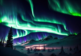 beautiful winter landscape by the lake in the mountains northern lights