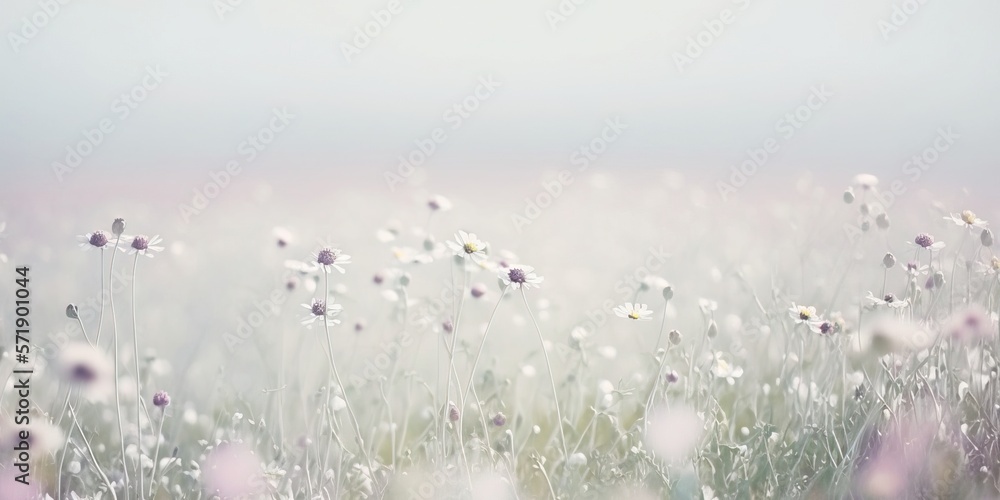 Wall mural light colored field of wild flowers and dandelions for background card or banner