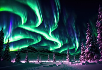 beautiful winter landscape by the lake in the mountains northern lights