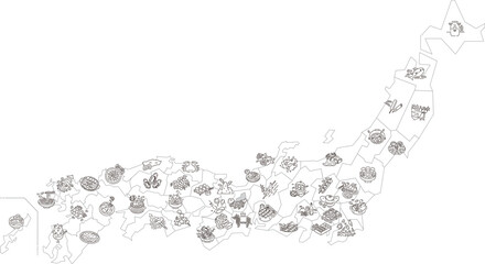 日本全国のグルメ、アイコンのセット（線画白黒）