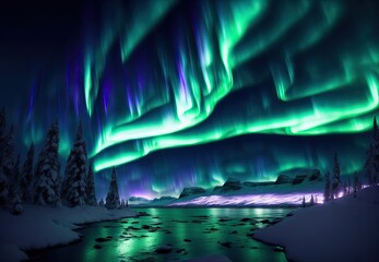 beautiful winter landscape by the lake in the mountains northern lights