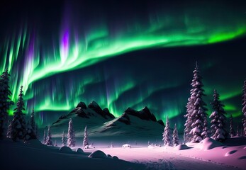 beautiful winter landscape by the lake in the mountains northern lights