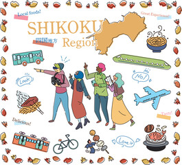 日本の四国地方の秋のグルメ観光を楽しむ観光客、アイコンのセット（線画）