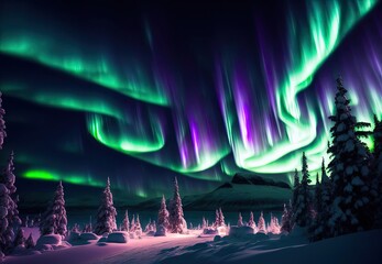 beautiful winter landscape by the lake in the mountains northern lights