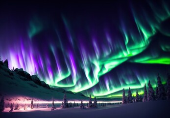 beautiful winter landscape by the lake in the mountains northern lights