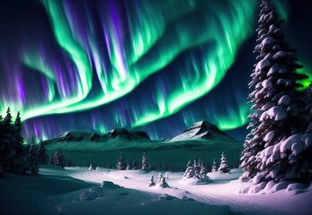 beautiful winter landscape by the lake in the mountains northern lights