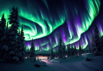 beautiful winter landscape by the lake in the mountains northern lights