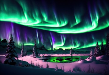 beautiful winter landscape by the lake in the mountains northern lights