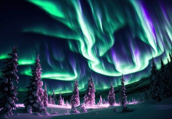 beautiful winter landscape by the lake in the mountains northern lights
