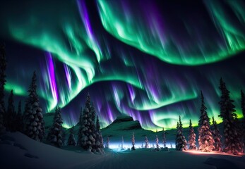 beautiful winter landscape by the lake in the mountains northern lights